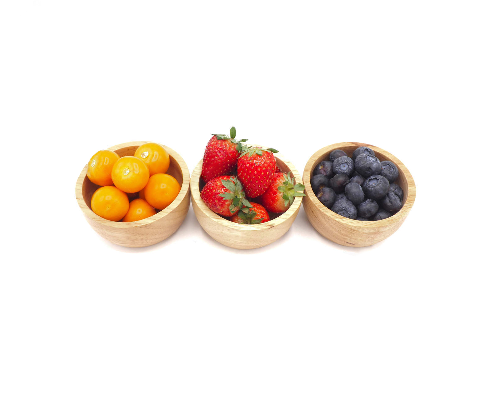 Fresh summer fruits, Cherry, strawberry, cape gooseberry and blueberry in wooden bowl isolated on white background.